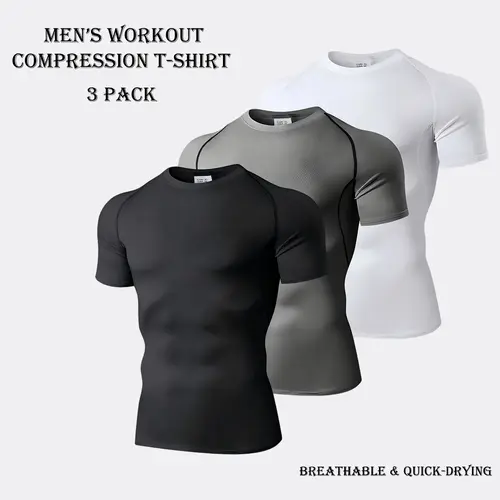 3 Pack Men's Workout T Shirts Compression Athletic T-Shirts For Men Active Stretch Breathable Moisture Wicking Soccer Tops For Football Gym Outdoor Sports,travel essentials,camping essentials