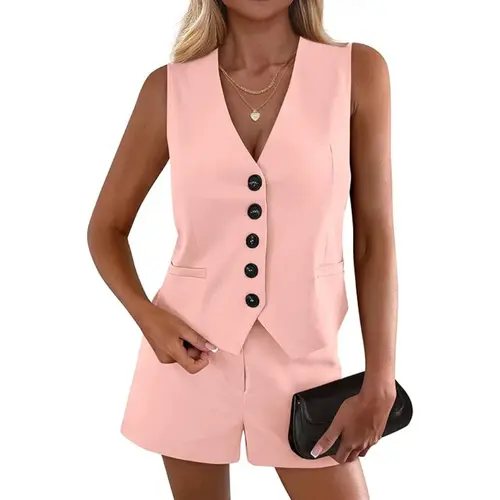 PrettyGarden 2-Piece Sets for Women Spring Fashion  Button Vest Tops High Waist Shorts Summer Business Casual Outfits