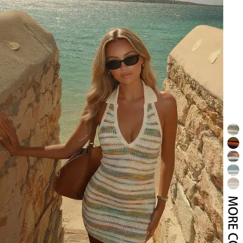 Elegant Striped Beach Vacation Dress, Sexy Knit Bodycon Sweater Dress, Spring Summer Versatile Women's Fashion