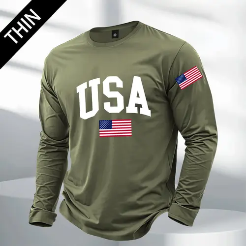 Men's Fitted Crew Neck Long Sleeve T-Shirt - American Street Style, USA Flag Letter Print, 4-Season Suitable, Machine Washable Male Outdoor Sports Wear, Ideal Gift for Boyfriend