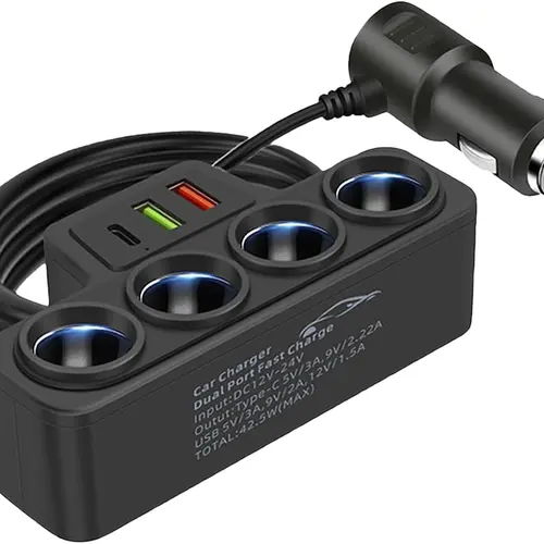120W Multi-Function Cigarette Lighter Splitter, Cell Phone Car Charger, 4 Cigarette Lighter Sockets, 1 PD Fast Charger Port 2-Port USB Power Adapter for Cell Phones Adapter																	