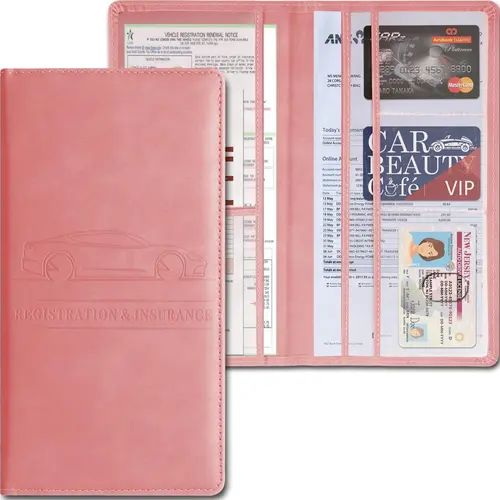 Car Registration and Insurance Holder,PU Leather Car Glove Box Organizer Car Document Holder for ID,Driver's License,Universal Car Organizer Car Accessories for Women/Men (Pink)  toolupgrade