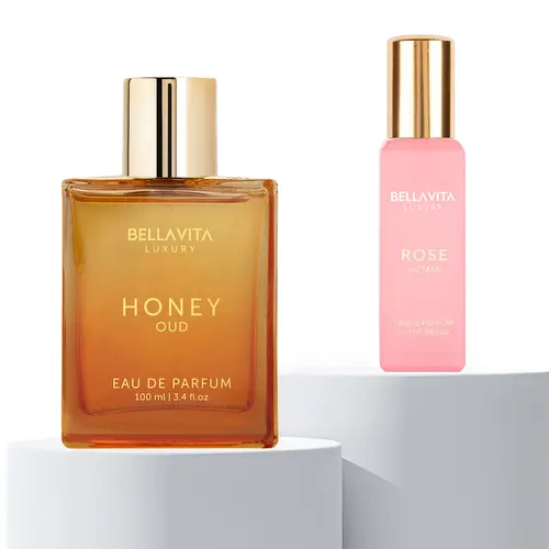 BellaVita Luxury Honey Oud & Rose Perfume Bundle | Eau De Parfum 100ml + 20ml Mini for Women | Long-Lasting Floral, Spicy & Woody Notes | Patchouli, Vanilla, Bergamot, Jasmine, Peach & Amber | Clean & Cruelty-Free Fragrances