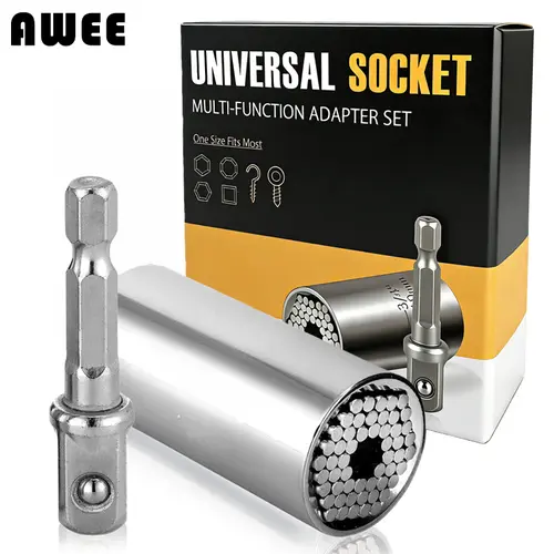 AWEE Super all-in-one socket tool (2 pcs), 7-19mm sockets, detachable for any bolt, multifunctional universal wrench tool kit, comes with 3/8" drill adapter rod, perfect cool gadget and holiday gift for men, fathers/dads, husbands, DIY repair enthusiasts