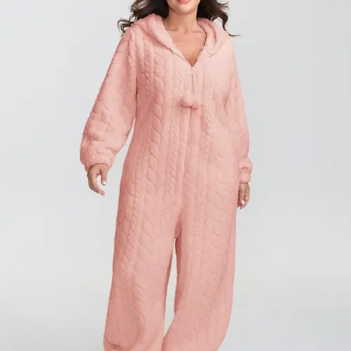 BloomChic Women's Plus Size Hooded Long Sleeve Fleece Onesie (M-6X) - Half-Zip Cozy Loungewear, Soft Warm Pajama Romper for Winter Lounging, Garment, Fit, Plussize, Baggy, Basic, Nightwear, Polyester,clothes for back to school,first day of school outfits