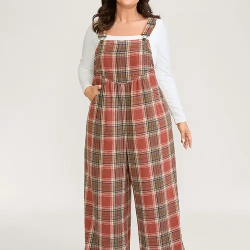 BLOOMCHIC Plus Size Women Clothing Stylish Plaid Flannel Overalls - Smooth Fit Polyester Everyday Garment, Wide-Leg Sleeved Jumpsuit with Pockets, Simple Low Iron, [M-6X] for Swimweek Summerfinds，SohoChic