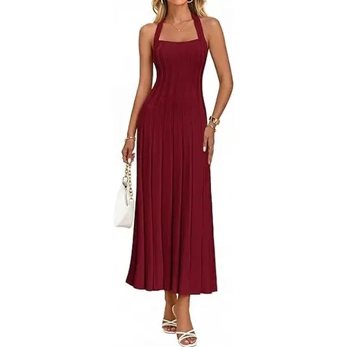 MEROKEETY Women's 2026 Spring Fitted Backless Halter Ribbed Knit Sleeveless Tie-Back Straps Bodycon Midi Dress - Casual, Evening Wear, Dress for Wedding Guest