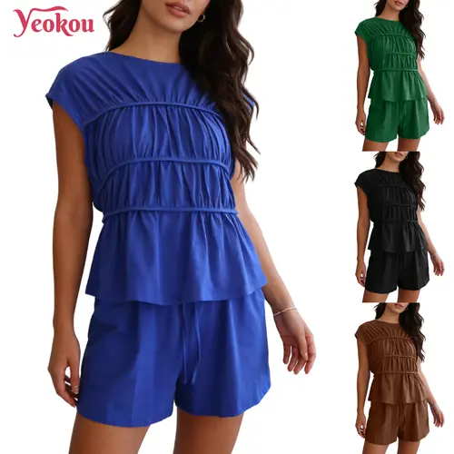 Yeokou Women's 2-Piece Fitted Matching Set - Lady's Sleeveless Shirred Tiered Top & Shorts, Breathable Comfort Fabric, for Everyday Casual Outings