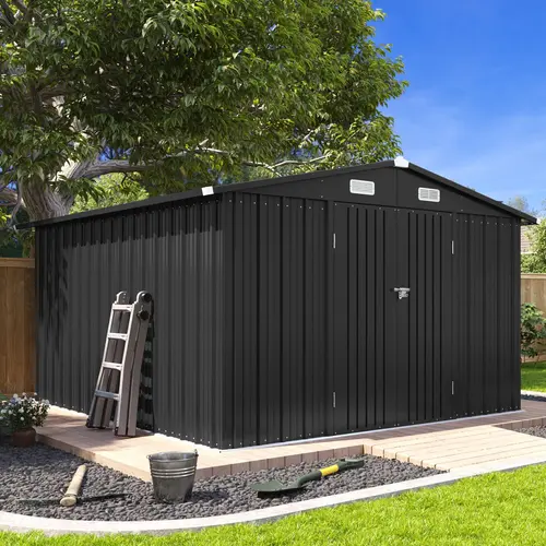 Outdoor Storage Shed, Aoxun Metal Garden Tool Shed with Lockable Door and Sloped Roof, Weatherproof Heavy Duty Utility Shed for Backyard, Patio and Garden