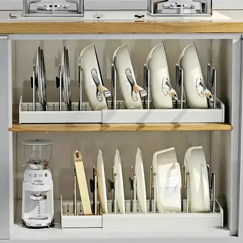 Under-Cabinet Pots and Pans Organizer with 201 Stainless Rods, Removable Dividers, 10 Adjustable Compartments, Kitchenware Storage for Lids, Frying Pans, Cookware (1 Pc)