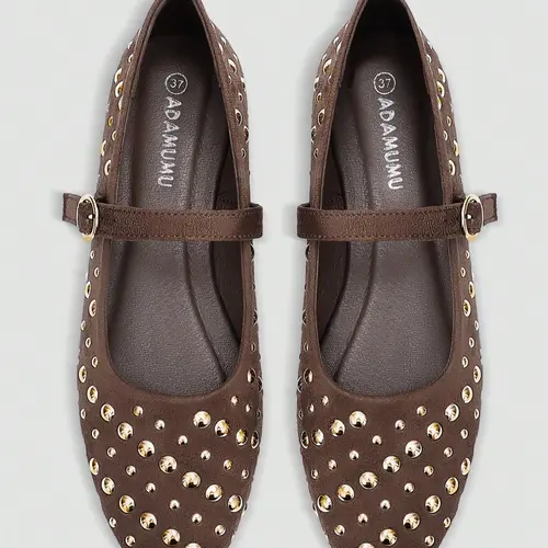 Women's Velvet Rivet Mary Jane Flat Shoes, Vintage Trendy Style, Buckle Strap, Comfortable Casual Party Footwear