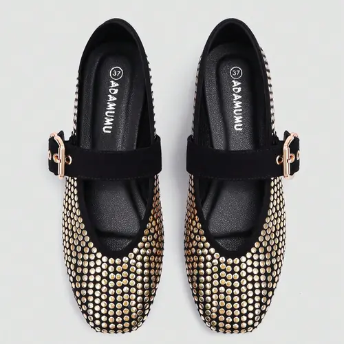 Women's Mary Jane Flat Shoes, Walking Shoes, & Rivet Design, Comfortable Daily Wear, Party Style Footwear, Metal Buckle Strap, Square Toe Flats, Casual Flats, Elegant Flats, Stud Embellishment, Rubber