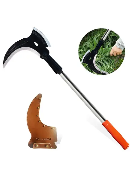 Vaseeka Manganese Steel Double-Edged Weeding Tool, 20” Metal Handle (with Protective Sheath), suitable for outdoor gardening tasks: trimming branches, cutting weeds, clearing paths. Tree pruning tool.