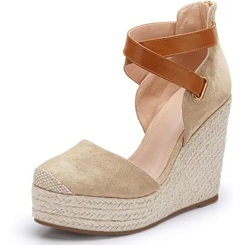 Coutgo Womens Wedge Espadrille Ankle Strap Closed Cap Toe Platform Heeled Sandals Elegant High Heel