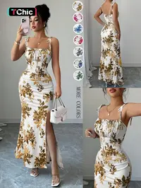 New Women's Floral Spaghetti Strap Bow Waist Ruched Hem Slit Design Dress, Casual Fitted Party Daily Wear, Tall Slimming Elegant Dress
