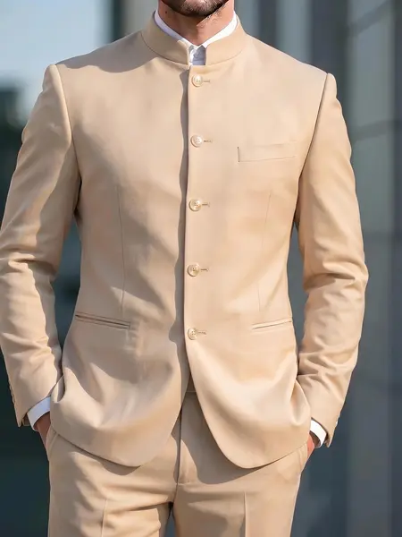 Men's 2-Piece Chinese Suit - Stand Collar, Slim Fit, Front Button Suit Coat & Pant Set, Formal Longsleeves Menswear, Gentleman Style Men's Outfit Set, Suit Coats