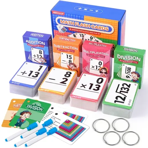GOTOOFUN Durable Laminated Card Stock Write & Wipe Interactive Self-Checking Flash Cards for 6-8Yrs (Grades 1-5) w/ Markers, Arithmetic Skills, 16 Math Games PDF, 8 Teaching Methods, Unisex Homeschool Educational Toy for Math Skills Boost