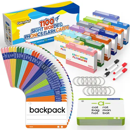 GOTOOFUN 1100 Sight Words Flash Cards - Waterproof, Dry-Erase Friendly Cards, Dolch+Fry High Frequency Words, Phonics, CVC Blends, Short/Long Vowel Sounds, Handwriting Practice, Build Real Sentences, Classroom Ready for Grades 1-6 (Ages 4-13)