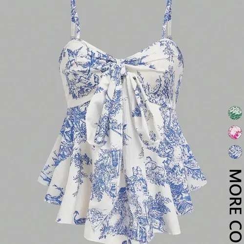 Women's Elegant Chic Casual Print Fitted Adjustable Spaghetti Strap Tops for Vacation, Commute and Daily Wear, Casual Sleeveless Top, Elegance