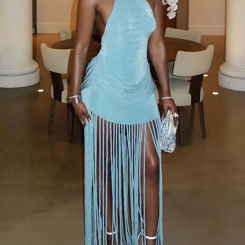 DOUCIU Street Tight Sexy Mature Beautiful Chic Elegant Style Summer Party Cool Music Festival Women'S Sleeveless Thin Solid Color Long Backless Tassels Dress
