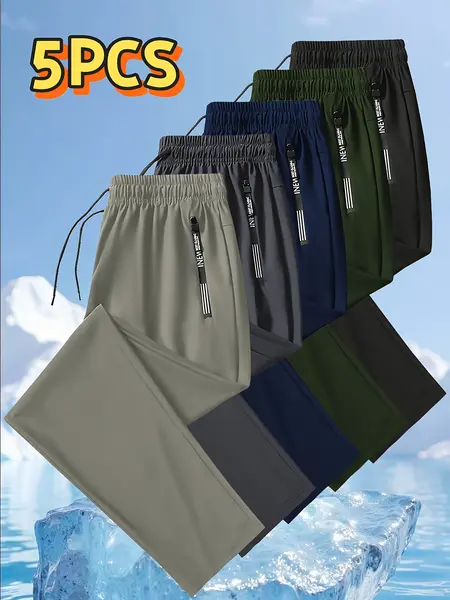 5-pack men’s ice silk jogging pants — lightweight, breathable mid-stretch fabric, elastic waistband design, straight-leg style with pockets — solid-color outdoor casual sports pants, machine washable, comfortable fit, multifunctional style, tailored for f