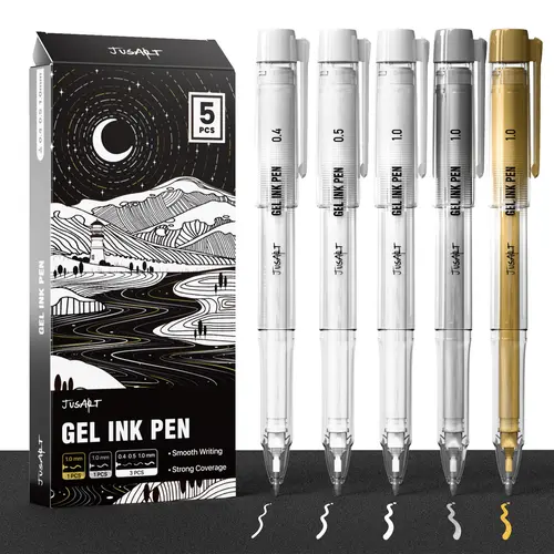 [JusArt] White Pen, Gold Pens & Silver Pen with 0.4mm, 0.5mm & 1.0mm Assorted Tips, Opaque Ink Pens for Black Paper, Journaling & DIY Crafts, Ideal Drawing Pens for Artists & Art Supplies, 5 Pack summerwins,back to school,back to school shopping