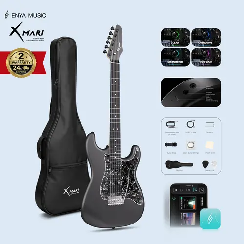 Enya Music 0-Gear Rocker Xmari Smart Electric Guitar with Built-in DSP Effects, 4 Presets, USB-C OTG Recording, 24-Hour Shipping, 2-Year Warranty, Headphone Output, Alnico Pickups w/Coil-Split Switch, Carbon Fiber Body, Gig Bag, Strap, Cable & Picks