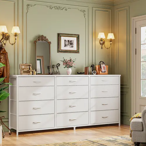 RaybeeFuniture 47“/55" Long Dresser for Bedroom with 11/12 Fabric Drawers, Entertainment Center for Up to 60 inch TV Dressers & Chests of Drawers, Large Storage Organizer for Closet, Living Room, Metal Frame, Wood Top