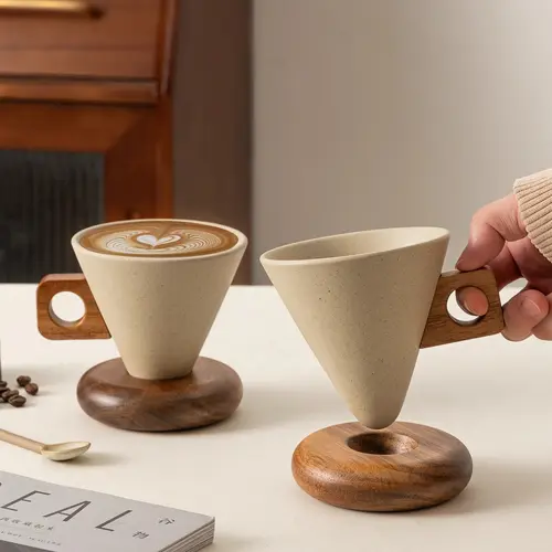 250ml Cone-Shaped Textured Ceramic Mug with Wooden Handle - Custom Art Cafe Style Coffee Cup Set for Home Kitchen Drinkware, Suitable for Tea, Ceramic Mugs