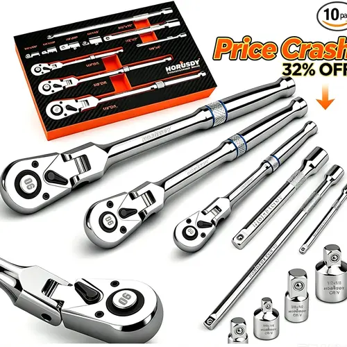 10PC Flex-Head Ratchet Set, Tools and Gadgets Work Mechanic Tools with 1/4", 3/8" & 1/2" Drive Socket Wrenches, 90-Tooth Quick-Release Reversible Low-Profile Design, 4", 6", 10" Extension Bars & 4 Adapters for Bike, Home Repair