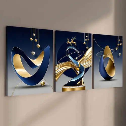 3-Piece Wooden-Frame Canvas Print Set, Geometric Pattern Design Modern Abstract Art Decoration for Living Room & Hallway, Artwork Family Poster, HD Inkjet Print, Waterproof Home Wall Decor