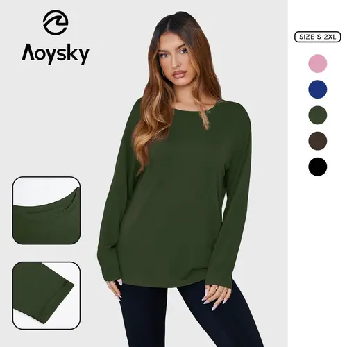 Aoysky Women's Long-Sleeve Oversized Casual Stylish Tee - 2026 Fall Round Neck Streetwear Clothing for Women, Basic Workout Tops, Longsleeves