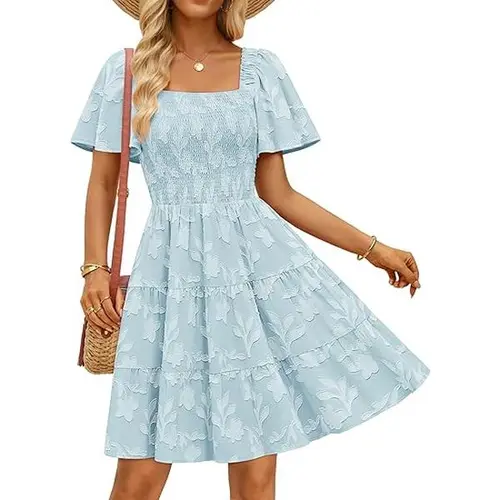 ZESICA Women's Summer Boho Floral Mini Dress 2026 Casual Short Sleeve Square Neck Swing Beach Vacation Sundress