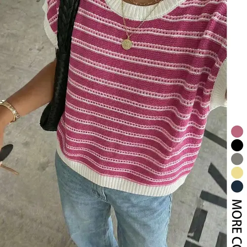 Women's Striped Knit Vest, Casual Loose Fit Sleeveless Top, Sleeveless Minimalist Style, Spring Summer Fashion, Elegant & Comfortable, Random Stripe Pattern