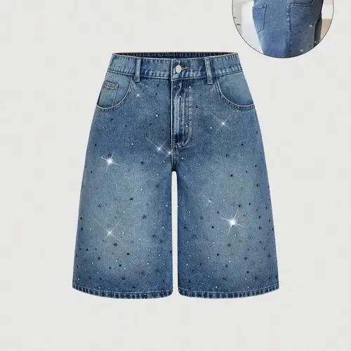 Trendy Chic Rhinestone Fashion Design Women's Button Front Denim Jean Fitted Mid-Thigh Pants Shorts, Bling Jeans, Spring Summer New Arrival, Elegant Sexy Style, Button Fly Closure, Bottom