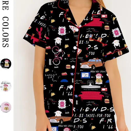 Women's Pajama Set, Retro Pop-Art Print Sleepwear, Short-Sleeve Top & Shorts Two-Piece, Soft Loungewear & PJs for Spring