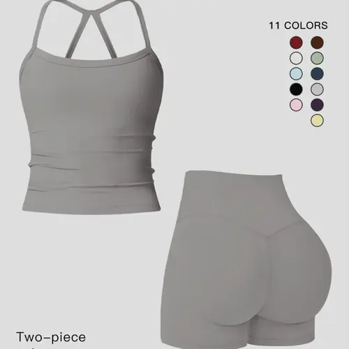 Women's Quick-Dry Two-piece Set, Active Sets, Sculpting Workout Outfit, Solid Backless Cami Top & High Waist Tummy Control Butt-Lifting Shorts, Ladies Sportswear for Indoor Outdoor Wear, Yoga Gym Running Wear, Activewear Yoga Fitness