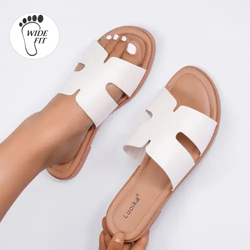 Luoika Women's Wide Width Flat Slides Sandals, Casual Comfortable Strap Sandal Summer Beach Dress Shoes for Women.