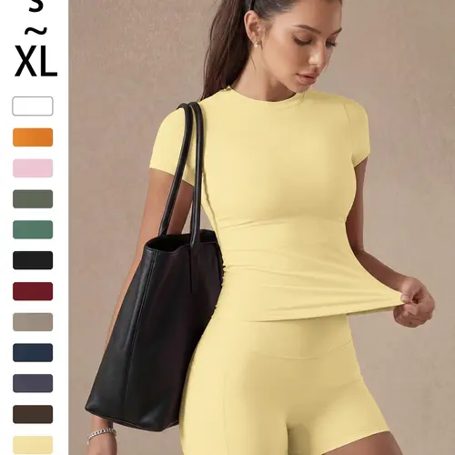 Women's Plain Suit, Round Neck T-Shirt Top, High Waist Short Pants, Yoga Sports Set, Abdominal Control, Multi-Color Options