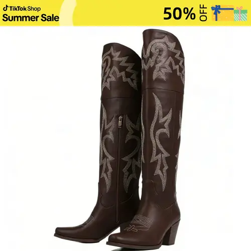 AOSPHIRAYLIAN Women's Knee-High Western Cowgirl Boots - Vintage Embroidered Faux Leather Footwear, Square Toe, Block Heel Platform, Waterproof, Breathable, Casual Statement Shoes for Country Concert, Western Elegance, Cowboy Aesthetic