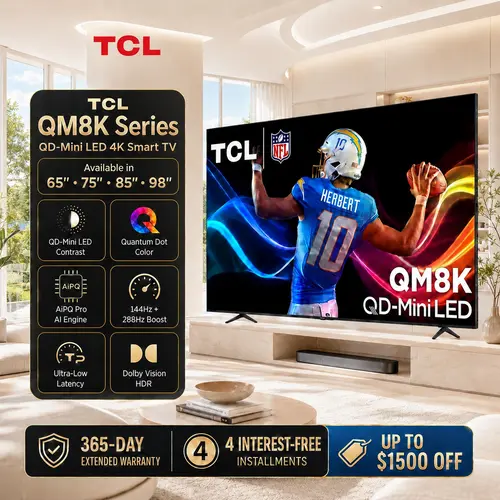 TCL QM8K Series 4K QD-Mini LED Flat Screen Gaming Smart HD TV with Google TV, Halo Control System, ZeroBorder, Ultimate Local Dimming, Ultimate High Brightness, Bang & Olufsen Audio, Voice Remote, Bluetooth Connectivity (65"-98" for Living Room)