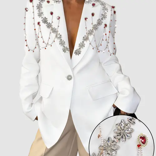 ASANDY Women's Luxury Formal Long-Sleeve Blazer - Loose Oversized Jacket, Women's Clothes with Shiny Crystal Flower, Red Heart Rhinestone Chain, Sparkly Tassel-Drop Embellishments, Ideal for Gala, Red Carpet
