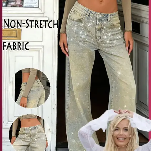 [Susan's Exclusive] GILIPUR Women's Fashionable Mid-Rise Loose Wide-Leg Denim Jeans, Fitted Woven Fabric, Vintage Washed Straight-Leg Jeans,Rhinestone Embellished, All-Season Fashion Pants Trouser Womenswear Bottom,T-Chic