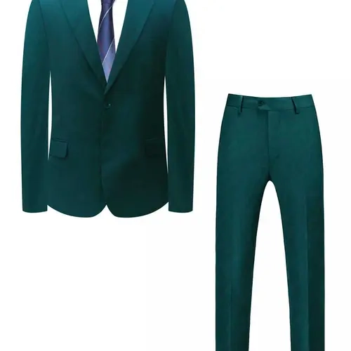 Men's 2-Piece Slim Fit Matching Suit Set - Premium Dark Green + Light Blue Formal Wear, Notched Lapel, Smooth Silky Fabric, Clean Cut, Long Sleeves, Pocket-Equipped, Button-Front, V-Neck, for Wedding Guests, Date, Weekend Brunch, Work Commute Essential