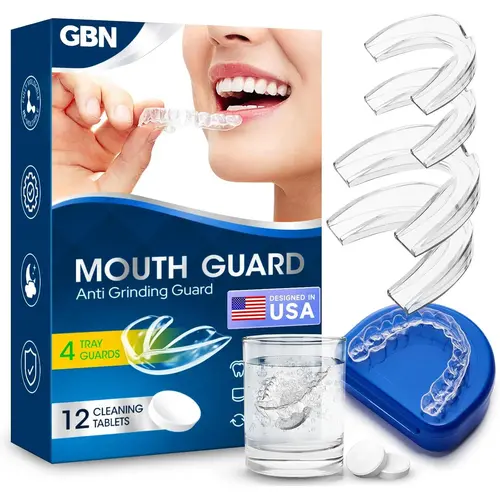 GBN Custom Fit Night Mouth Guard for Teeth Grinding - Comfortable Sleeping Mouthpiece, 2 Sizes & 12 Cleaning Tablets Included