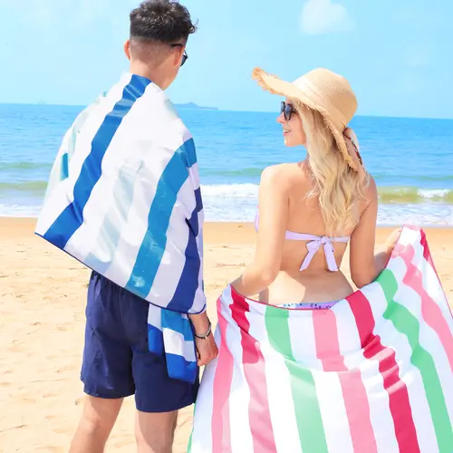 【SohoChic】Exclusivo Mezcla  ４ Pack Super Absorbent Beach Towel，100% Microfiber, Ultra-Light Cabana Stripe for Summer Travel, Pool & Bath, No Sand Sticking + Carry Pouch Included bags, Oversized (30"x60"), Bath Towels, Light & Foldable