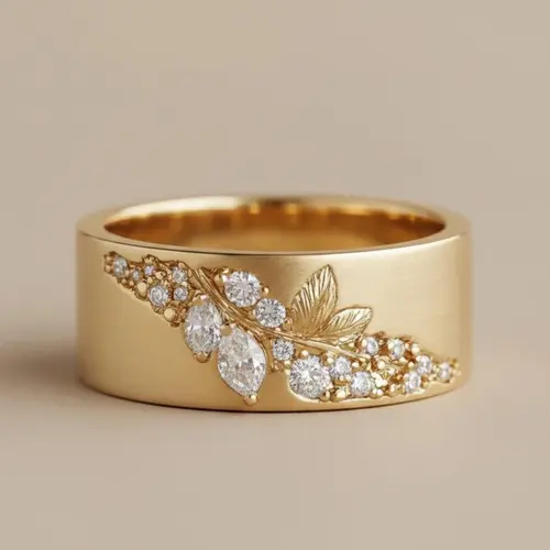 Heart-Melting 18K Gold Leaf & Zircon Inlaid Vintage Wide Band Ring | Valentine's Day Exclusive Gift, April Birthstone, Wedding/Anniversary Present, Daily & Party Jewelry