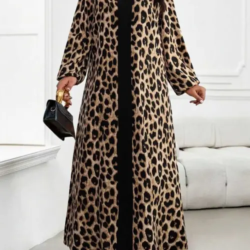 Women's Plus Size Casual Fit V-Neck Long Sleeve Leopard Patchwork Print Dress, Elegant Chic Arabic Style, Bohemian Aesthetic, Perfect for Spring Summer, Bohemian Daily Wear, Boho Style Womenswear, Womenswear