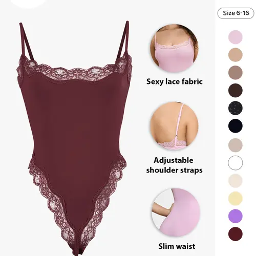 Women's Sexy Basic Solid Color Soft Spaghetti Strap Lace Trim Shaping Shapewear Bodysuit