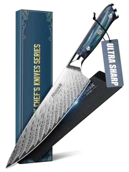 Huusk 8-in Kitchen Knife - Resin Handle, Protective Sheath - Kitchenware for Cutting, Ideal Gift for Men & Women, Knives